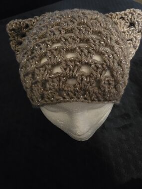 Sparkle ✨️ Handmade Metallic Cat Ear Beanie - Taupe